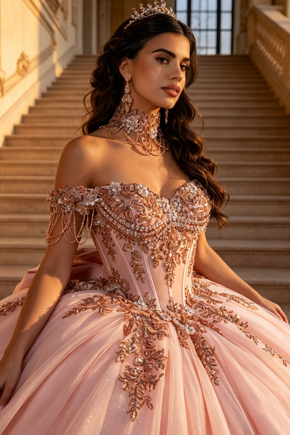 Off Shoulder Sleeveless Beaded Appliques Bow Knot Pink Quinceañera Dress YQ1193