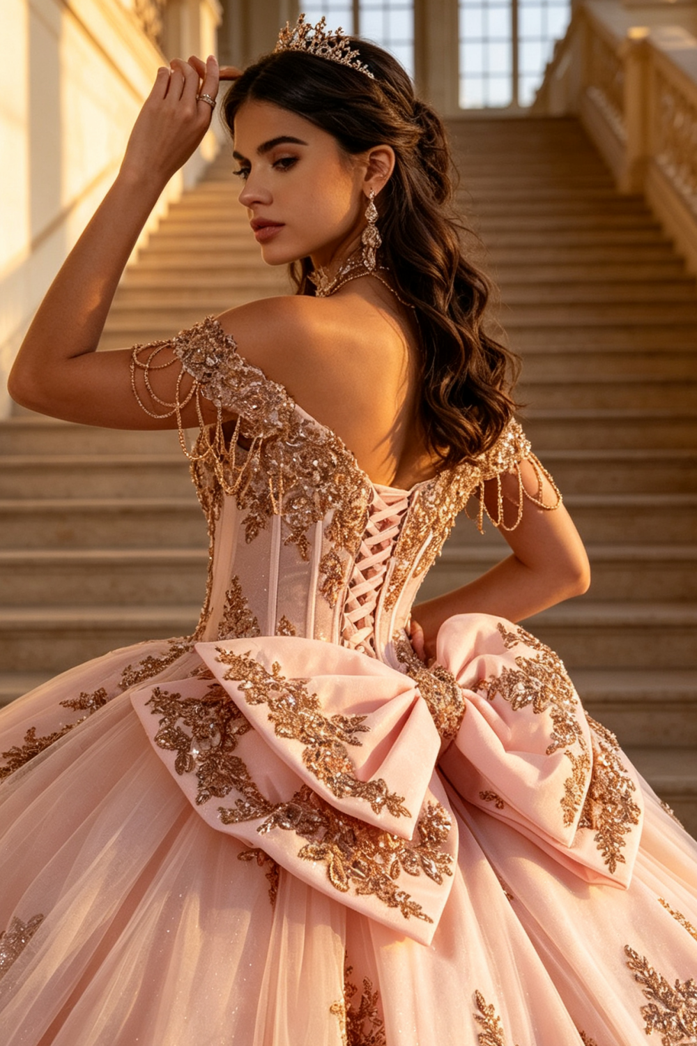 Off Shoulder Sleeveless Beaded Appliques Bow Knot Pink Quinceañera Dress YQ1193