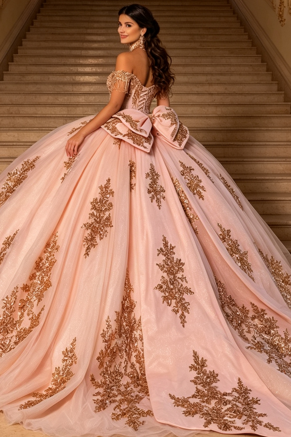 Off Shoulder Sleeveless Beaded Appliques Bow Knot Pink Quinceañera Dress YQ1193