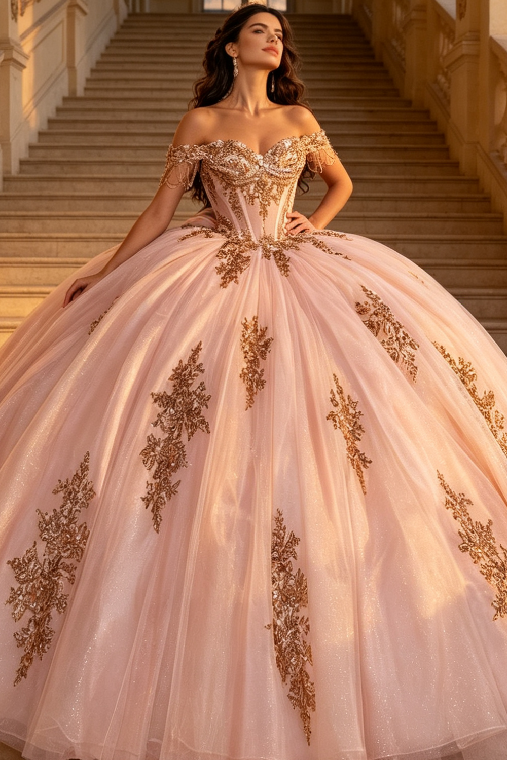 Off Shoulder Sleeveless Beaded Appliques Bow Knot Pink Quinceañera Dress YQ1193