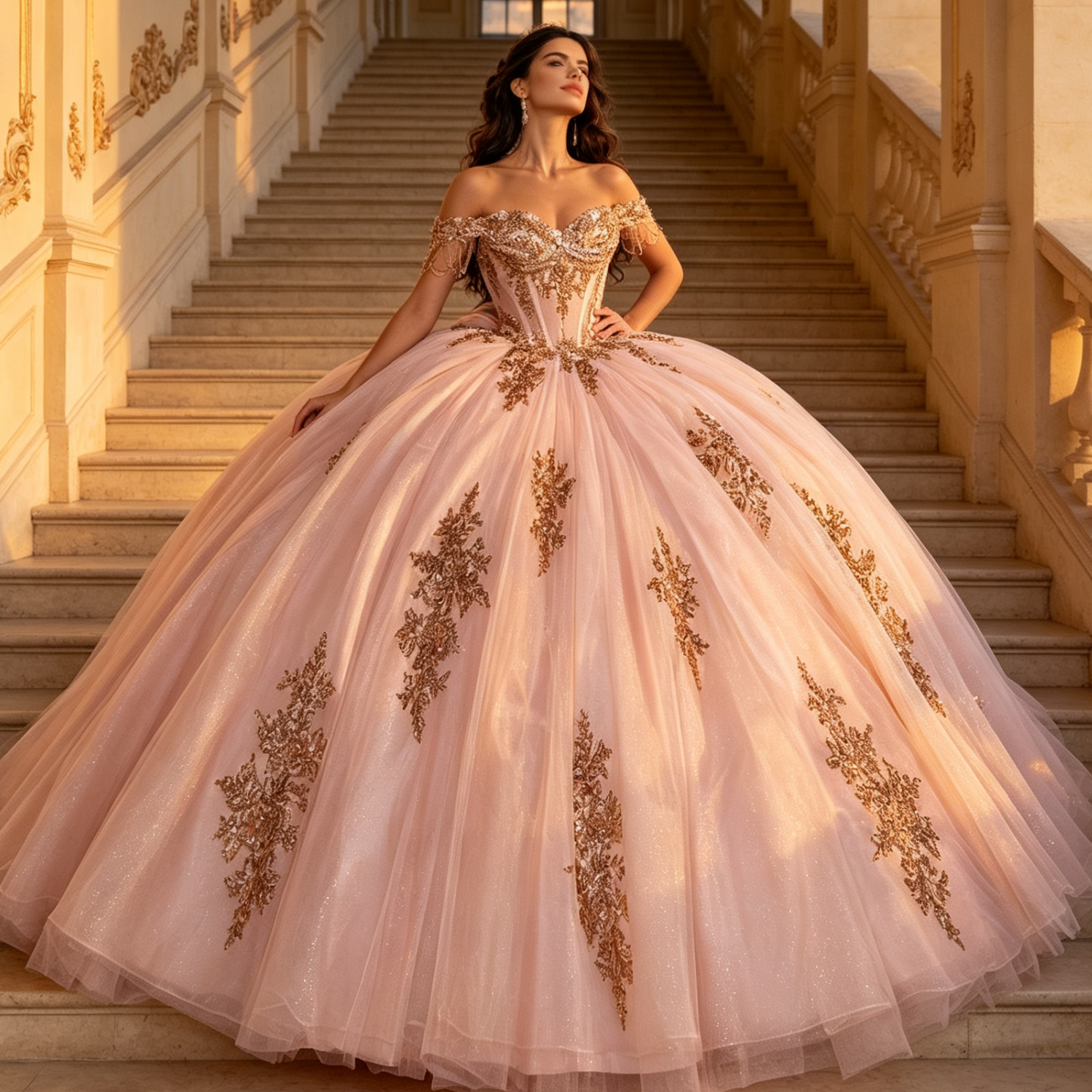 Off Shoulder Sleeveless Beaded Appliques Bow Knot Pink Quinceañera Dress YQ1193