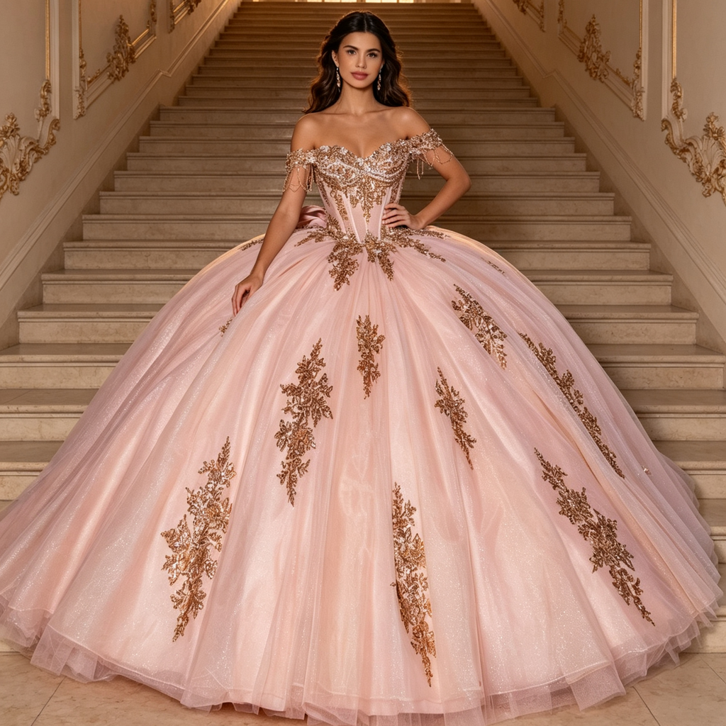 Off Shoulder Sleeveless Beaded Appliques Bow Knot Pink Quinceañera Dress YQ1193