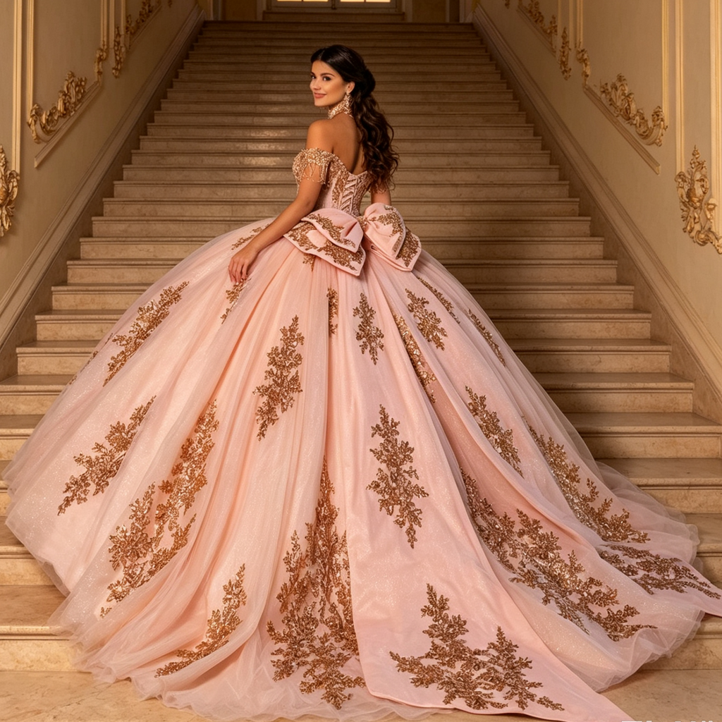 Off Shoulder Sleeveless Beaded Appliques Bow Knot Pink Quinceañera Dress YQ1193