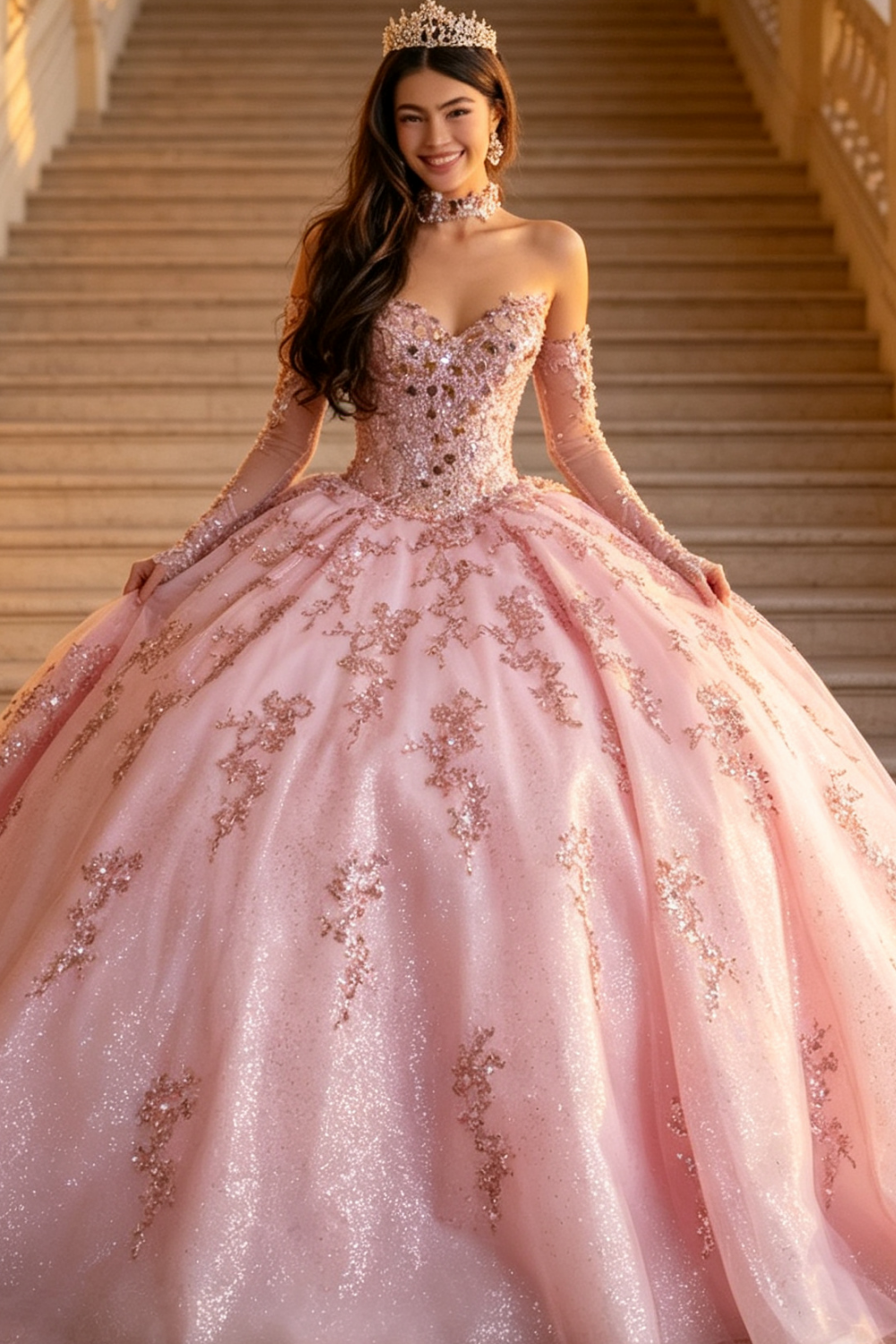 Vestido de Quinceañera Azul Marino con Lentejuelas, Apliques de Cuentas, Brillos y Escote Bardot YQ1055