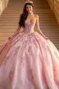 Vestido de Quinceañera Azul Marino con Lentejuelas, Apliques de Cuentas, Brillos y Escote Bardot YQ1055