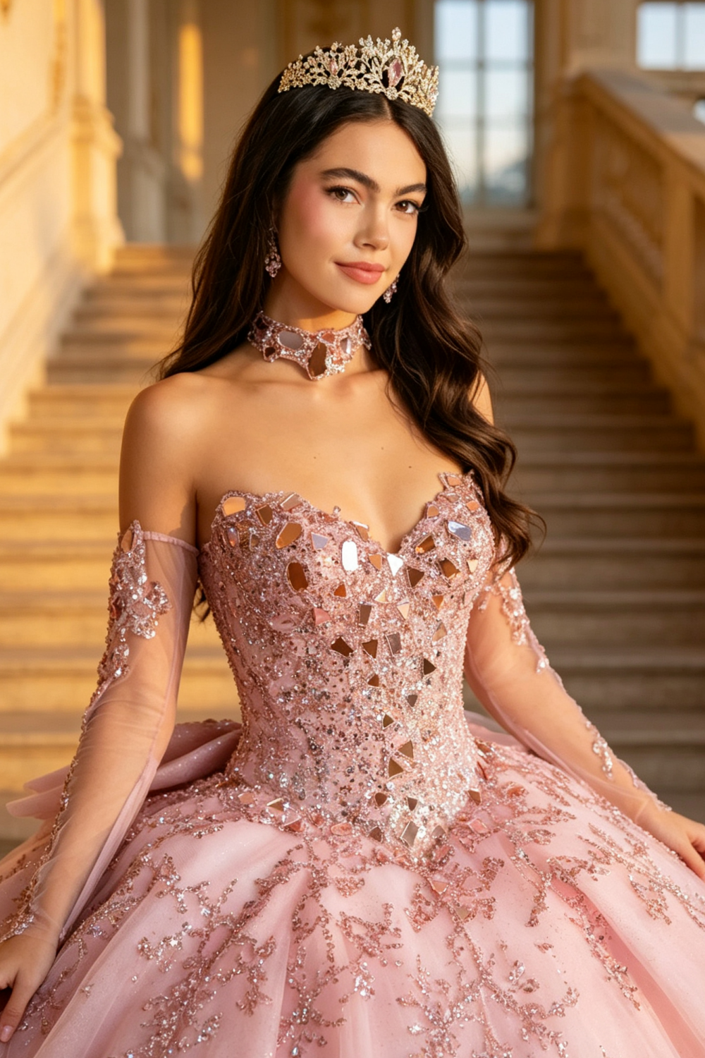 Vestido de Quinceañera Azul Marino con Lentejuelas, Apliques de Cuentas, Brillos y Escote Bardot YQ1055