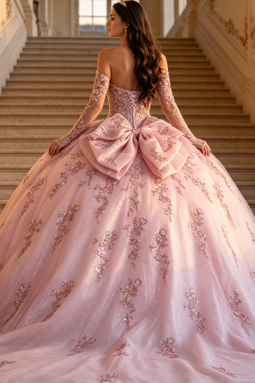 Vestido de Quinceañera Azul Marino con Lentejuelas, Apliques de Cuentas, Brillos y Escote Bardot YQ1055