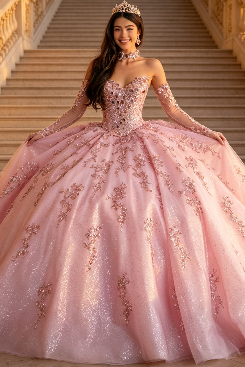 Vestido de Quinceañera Azul Marino con Lentejuelas, Apliques de Cuentas, Brillos y Escote Bardot YQ1055