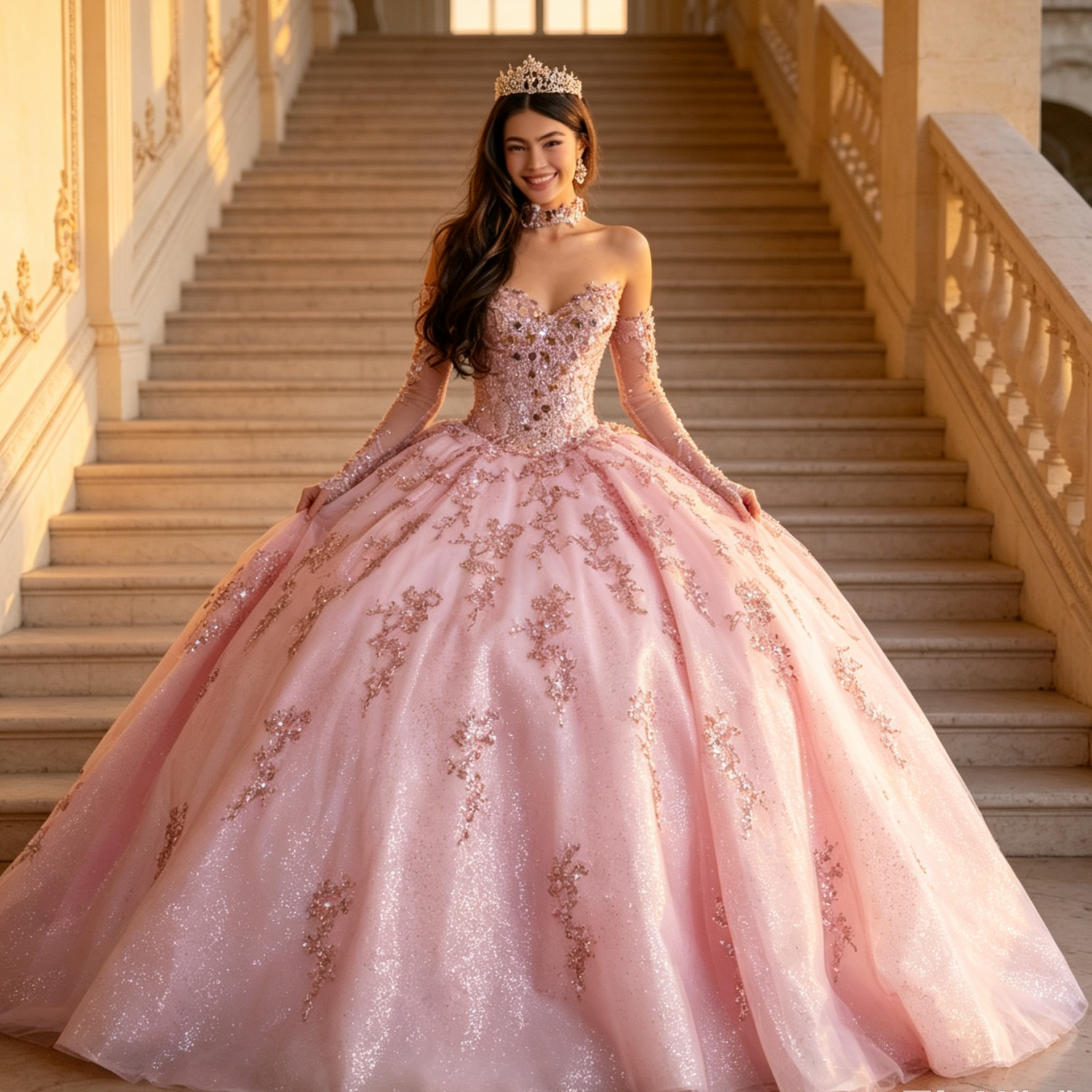 Vestido de Quinceañera Azul Marino con Lentejuelas, Apliques de Cuentas, Brillos y Escote Bardot YQ1055