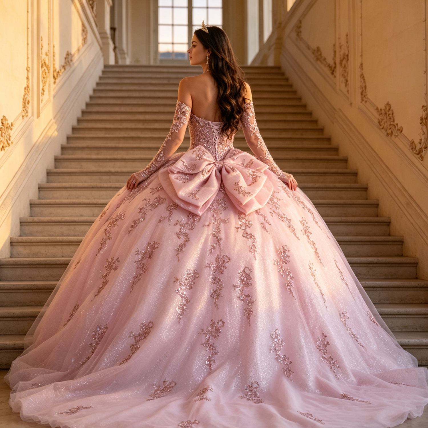 Vestido de Quinceañera Azul Marino con Lentejuelas, Apliques de Cuentas, Brillos y Escote Bardot YQ1055