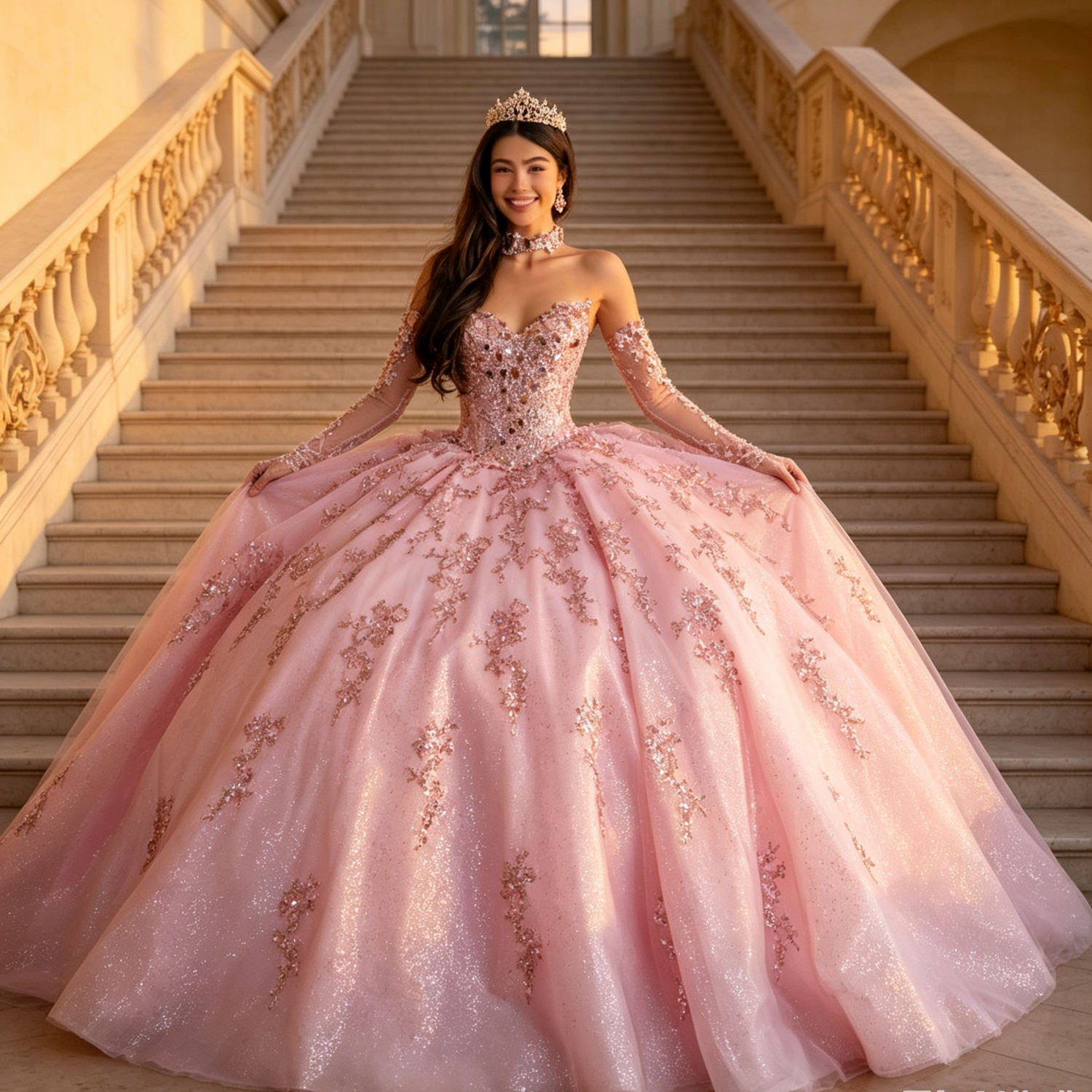 Vestido de Quinceañera Azul Marino con Lentejuelas, Apliques de Cuentas, Brillos y Escote Bardot YQ1055