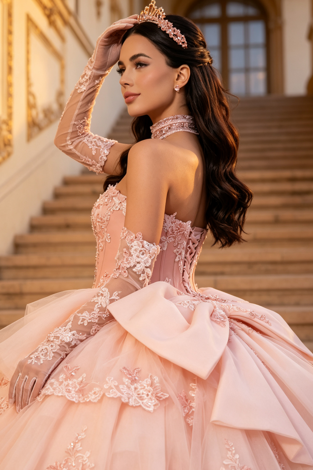 Vestido de Quinceañera Azul Marino con Lentejuelas, Apliques de Cuentas, Brillos y Escote Bardot YQ1055