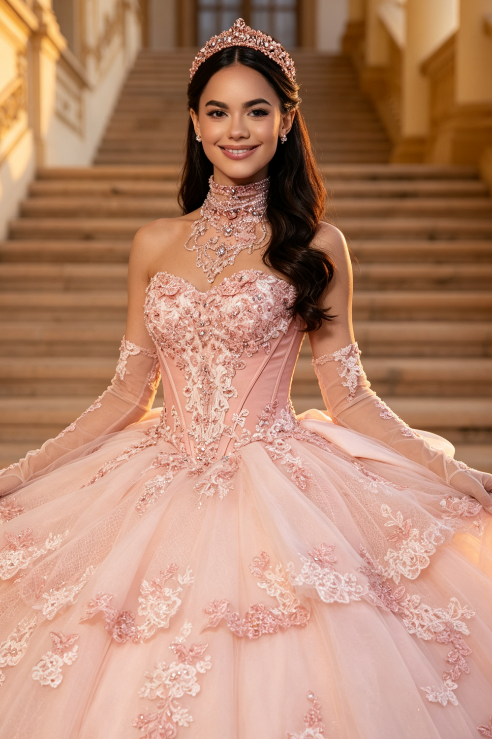 Vestido de Quinceañera Azul Marino con Lentejuelas, Apliques de Cuentas, Brillos y Escote Bardot YQ1055