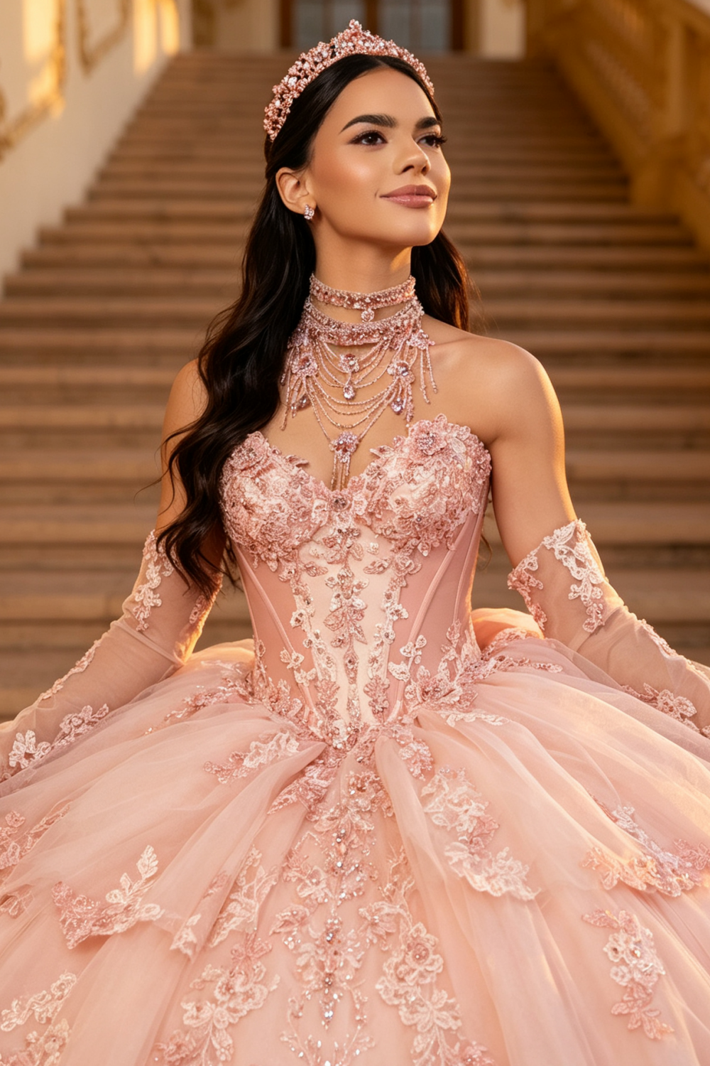 Vestido de Quinceañera Azul Marino con Lentejuelas, Apliques de Cuentas, Brillos y Escote Bardot YQ1055