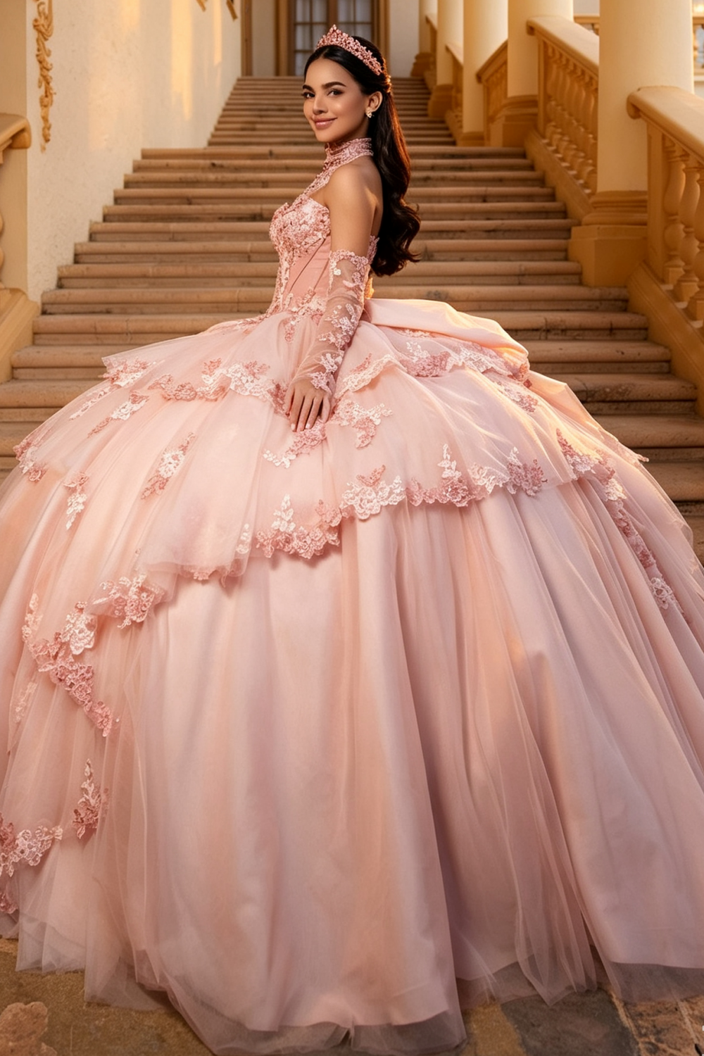 Vestido de Quinceañera Azul Marino con Lentejuelas, Apliques de Cuentas, Brillos y Escote Bardot YQ1055
