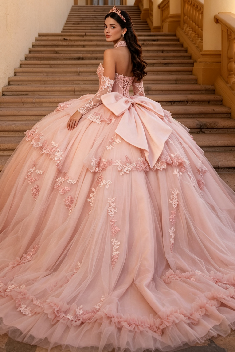 Vestido de Quinceañera Azul Marino con Lentejuelas, Apliques de Cuentas, Brillos y Escote Bardot YQ1055