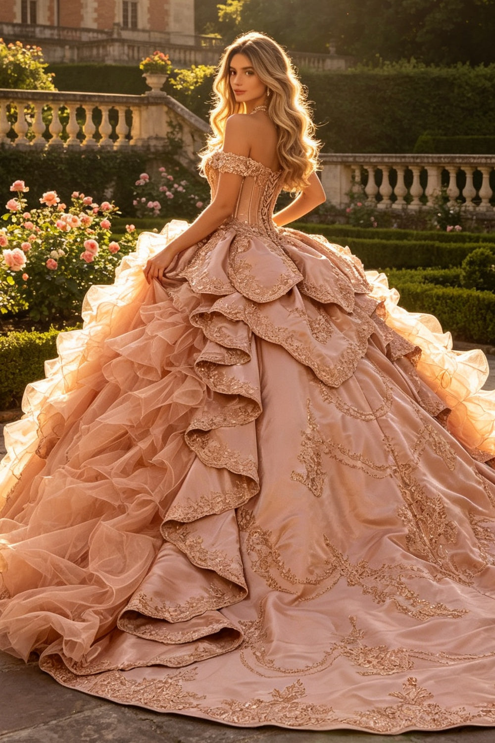 Ärmelloses Off-Shoulder-Ballkleid mit Applikationen, Rüschen, Stufenrock und Schleife, Schwarz Royalblau, Quinceañera-Kleid YQ1150