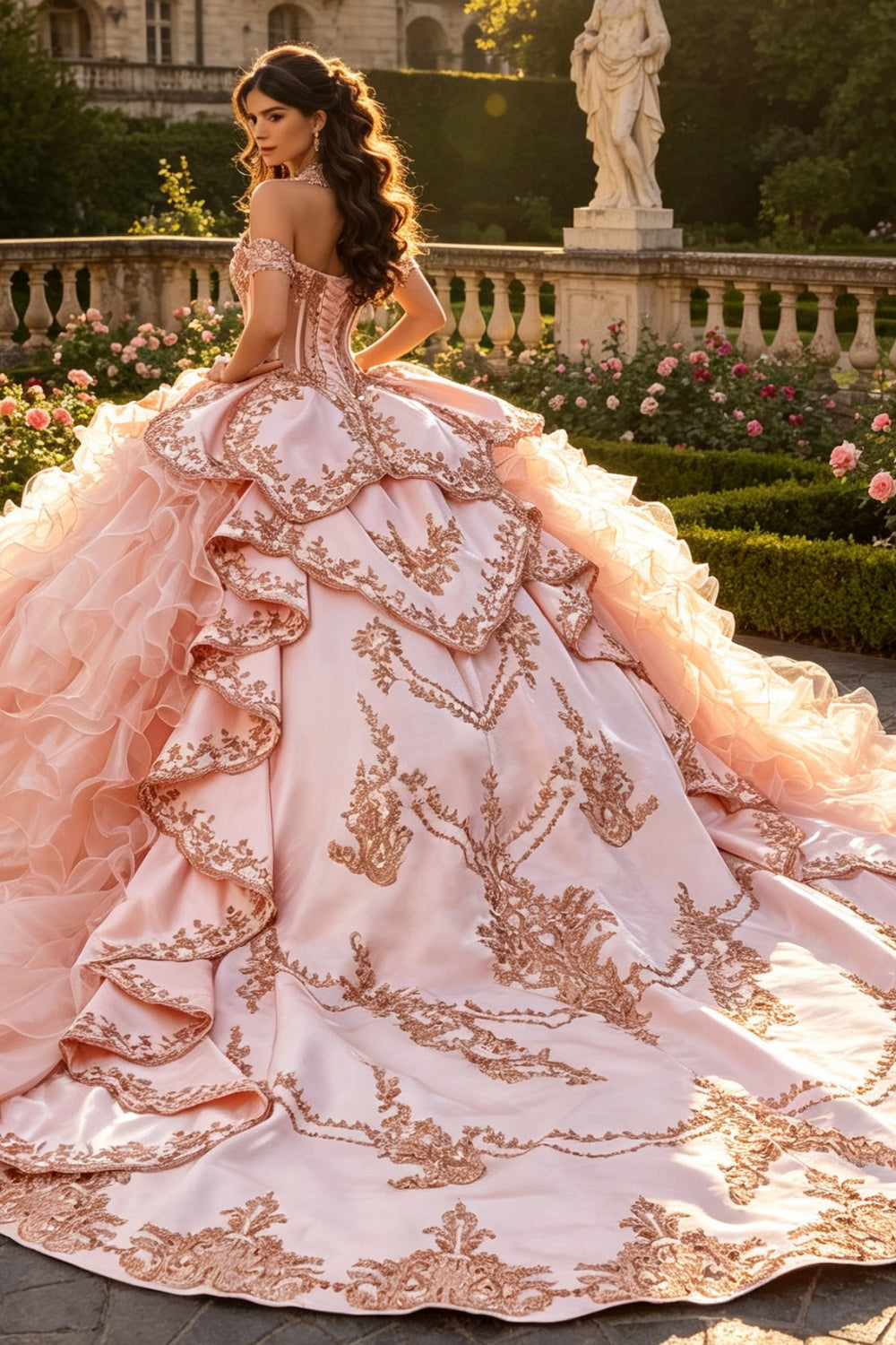 Ärmelloses Off-Shoulder-Ballkleid mit Applikationen, Rüschen, Stufenrock und Schleife, Schwarz Royalblau, Quinceañera-Kleid YQ1150
