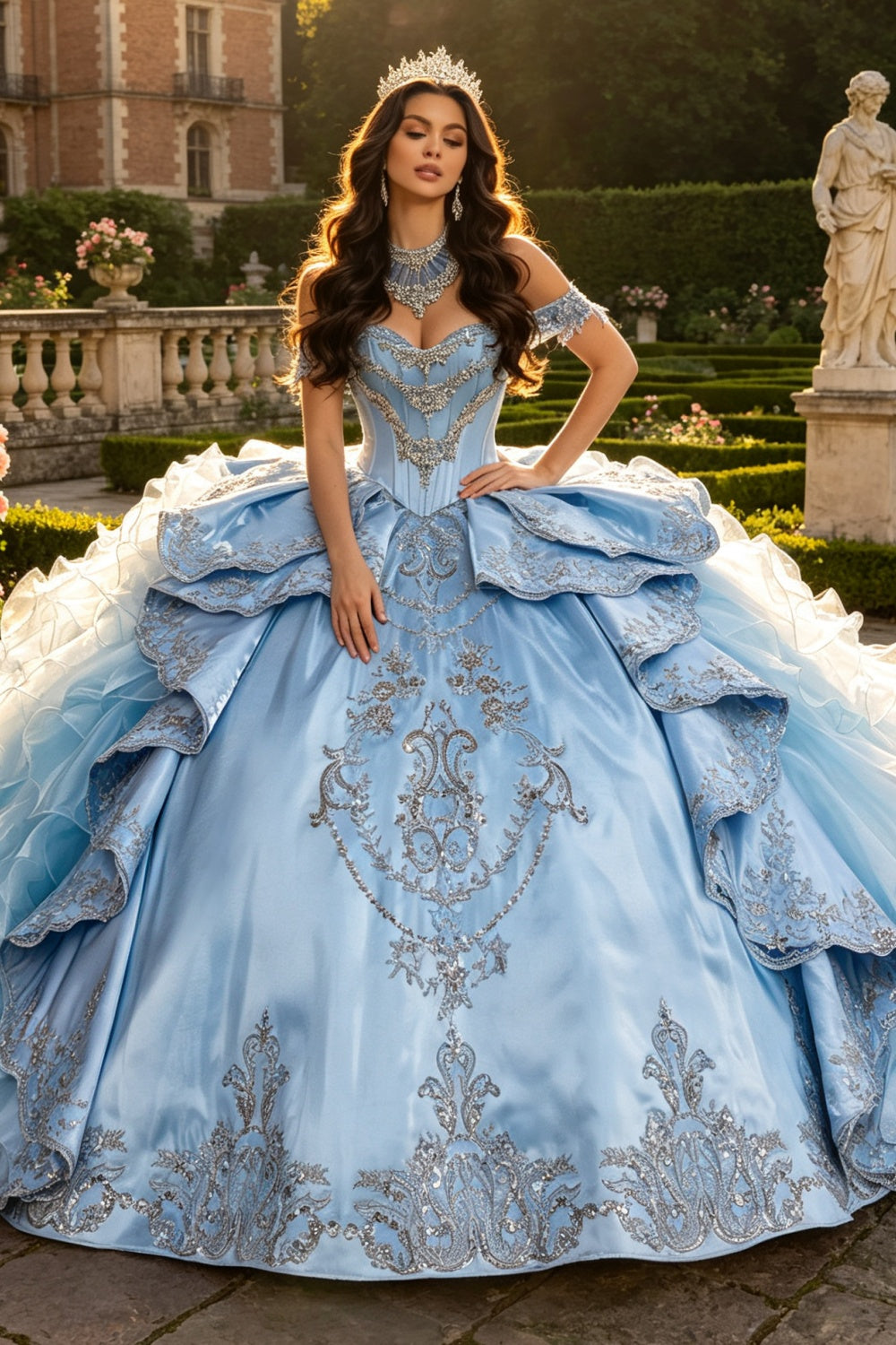 Ärmelloses Off-Shoulder-Ballkleid mit Applikationen, Rüschen, Stufenrock und Schleife, Schwarz Royalblau, Quinceañera-Kleid YQ1150