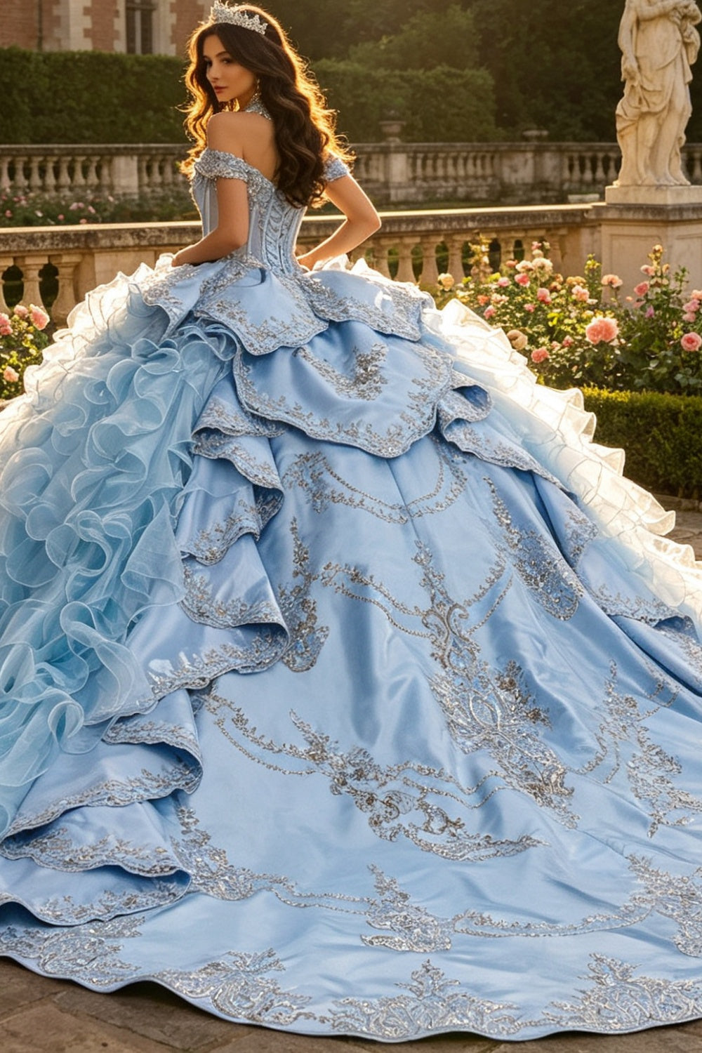 Ärmelloses Off-Shoulder-Ballkleid mit Applikationen, Rüschen, Stufenrock und Schleife, Schwarz Royalblau, Quinceañera-Kleid YQ1150