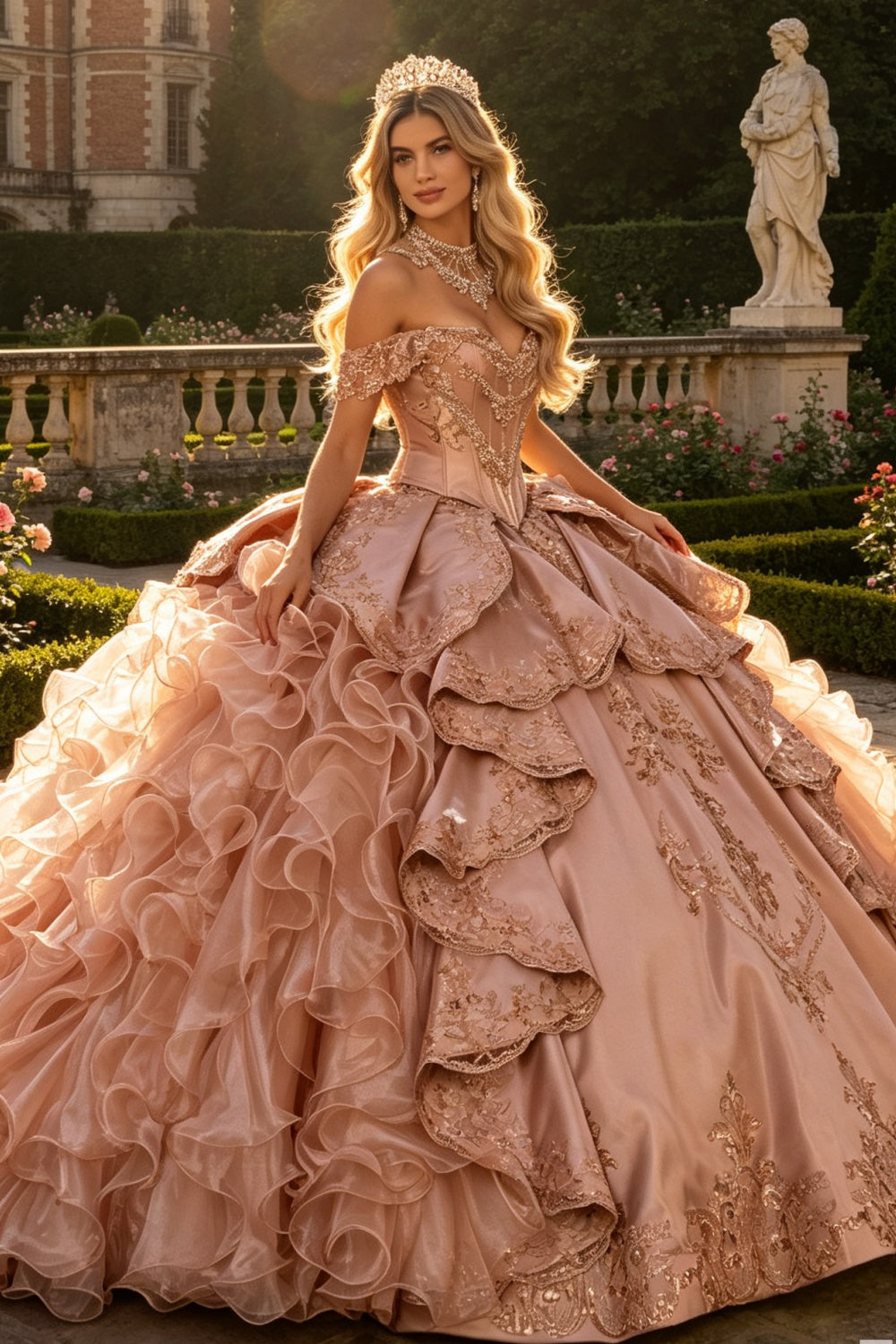 Ärmelloses Off-Shoulder-Ballkleid mit Applikationen, Rüschen, Stufenrock und Schleife, Schwarz Royalblau, Quinceañera-Kleid YQ1150