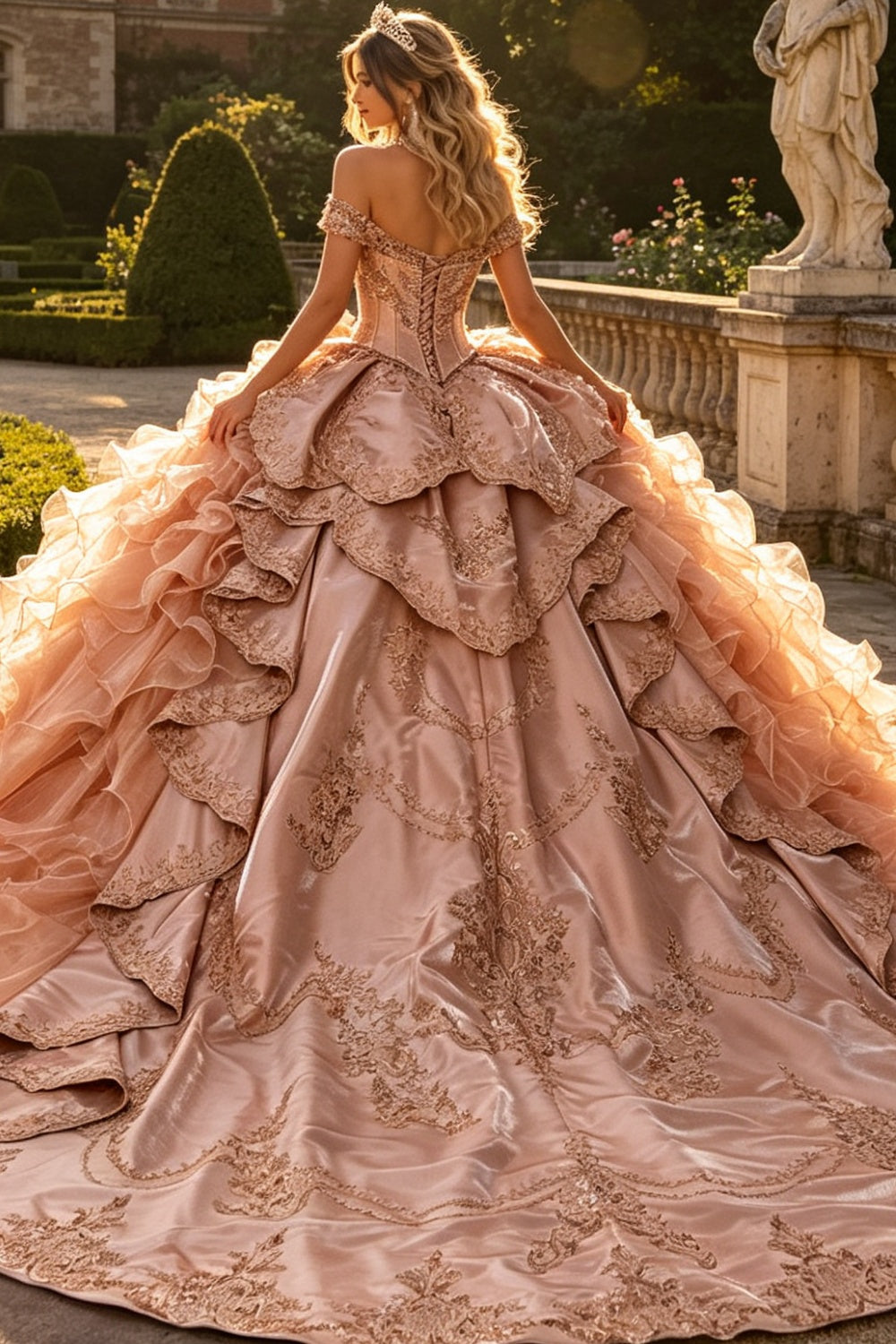 Ärmelloses Off-Shoulder-Ballkleid mit Applikationen, Rüschen, Stufenrock und Schleife, Schwarz Royalblau, Quinceañera-Kleid YQ1150