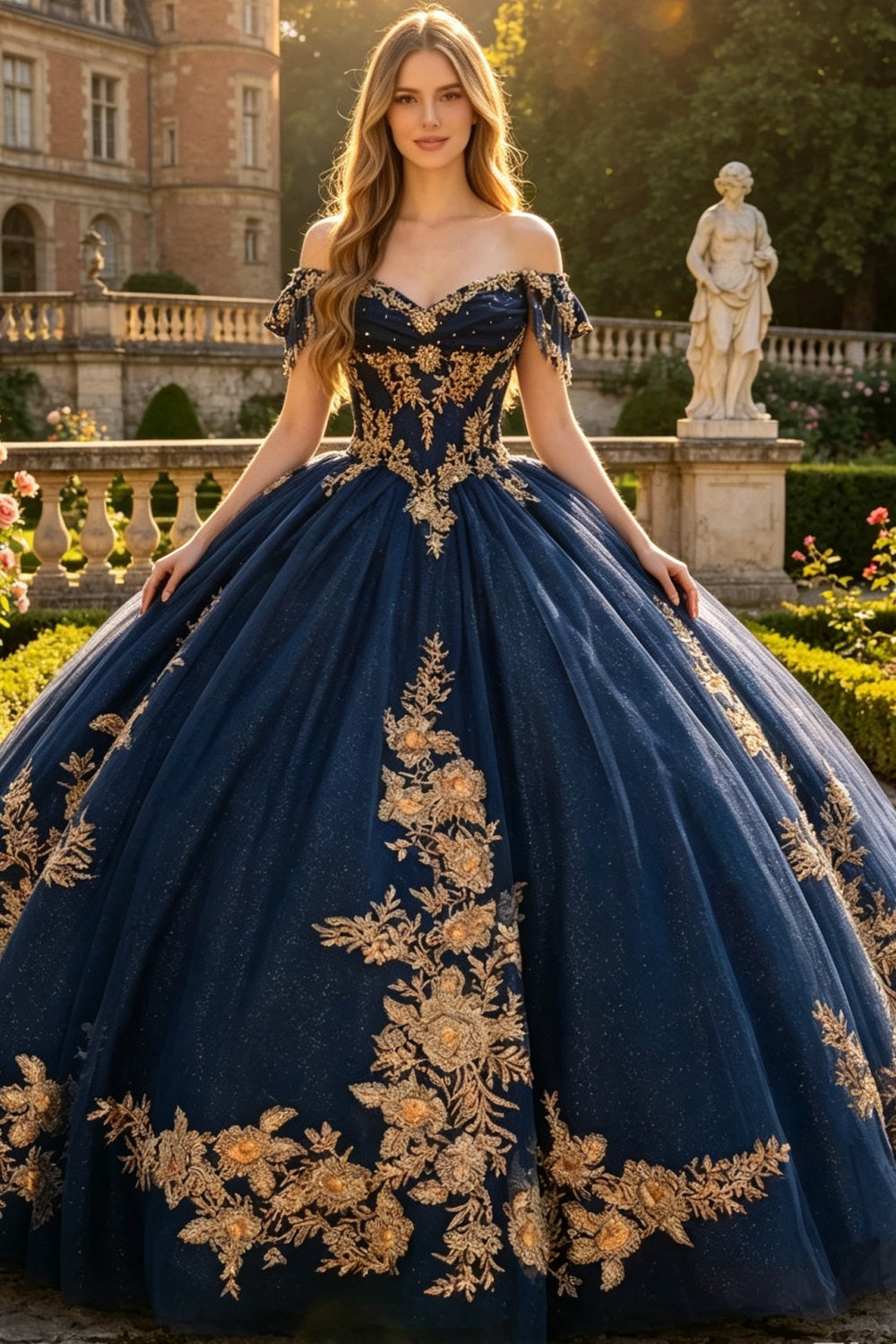 Vestido de Quinceañera Azul Marino con Lentejuelas, Apliques de Cuentas, Brillos y Escote Bardot YQ1055