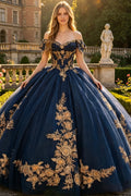 Vestido de Quinceañera Azul Marino con Lentejuelas, Apliques de Cuentas, Brillos y Escote Bardot YQ1055
