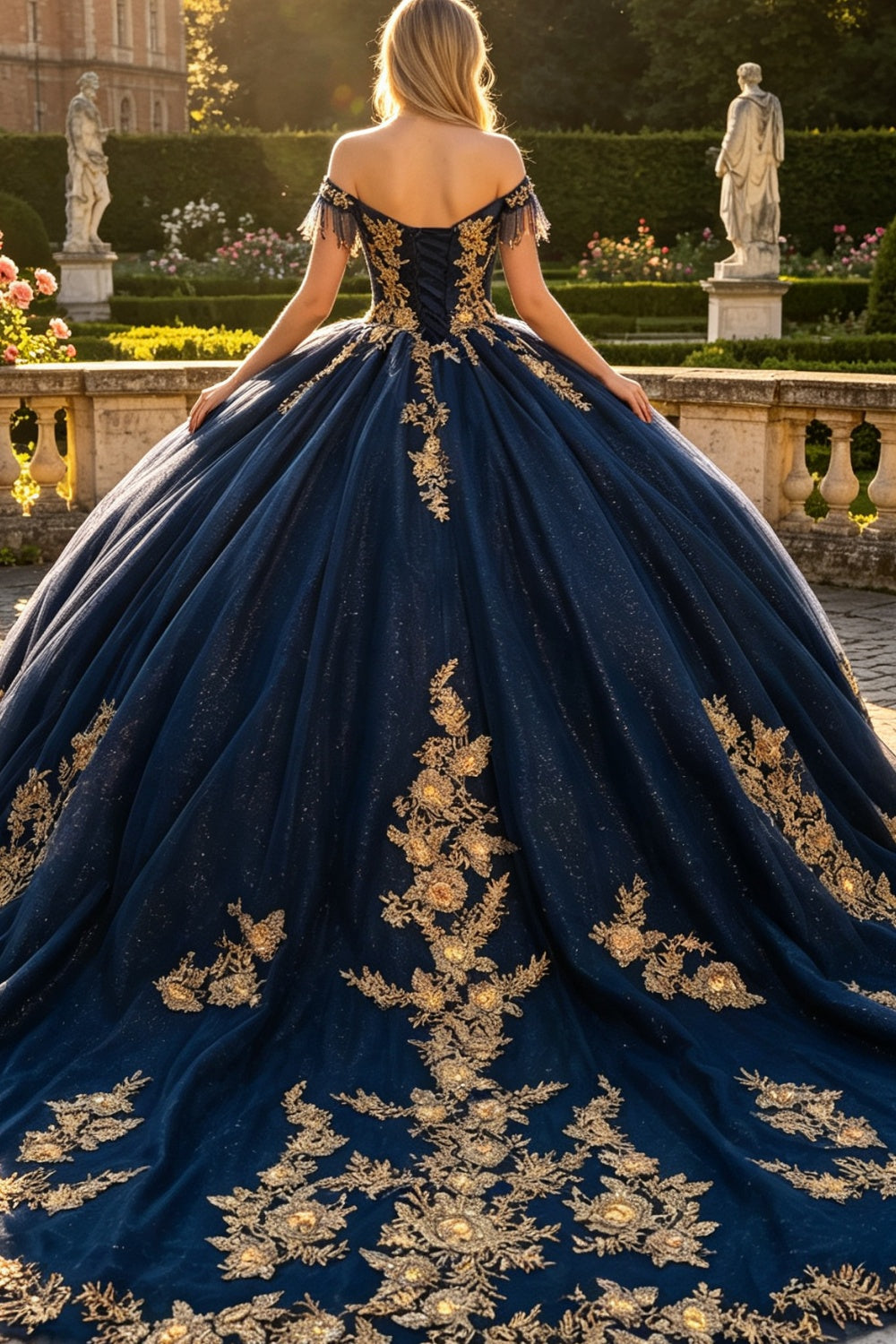 Vestido de Quinceañera Azul Marino con Lentejuelas, Apliques de Cuentas, Brillos y Escote Bardot YQ1055
