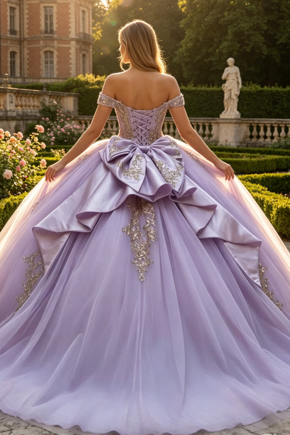 Ärmelloses Off-Shoulder-Ballkleid mit Applikationen, Rüschen, Stufenrock und Schleife, Schwarz Royalblau, Quinceañera-Kleid YQ1150