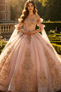 Off Shoulder Sleeveless Bow Knot Gold Appliques Ruffles Quinceañera Dress YQ1199