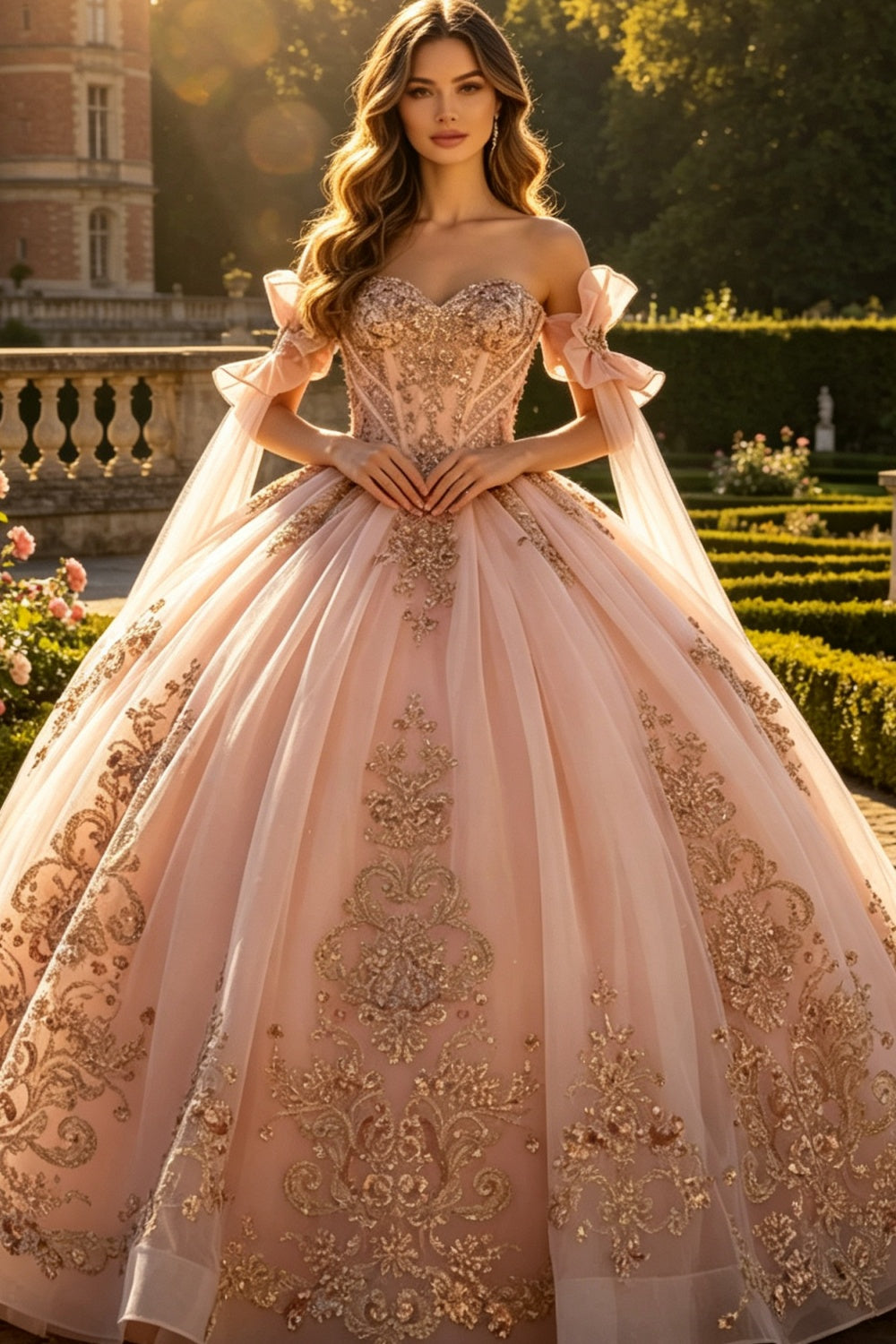 Off Shoulder Sleeveless Bow Knot Gold Appliques Ruffles Quinceañera Dress YQ1199