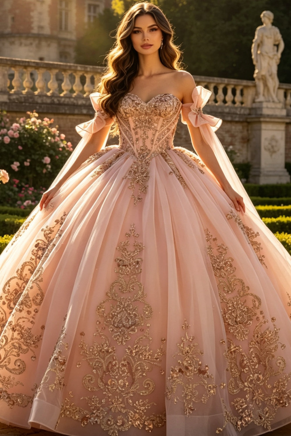 Off Shoulder Sleeveless Bow Knot Gold Appliques Ruffles Quinceañera Dress YQ1199