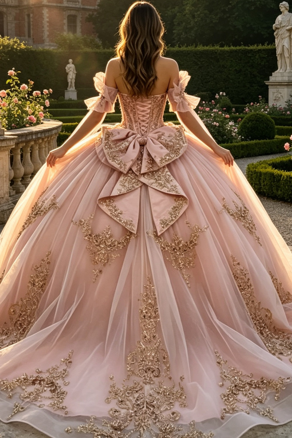 Off Shoulder Sleeveless Bow Knot Gold Appliques Ruffles Quinceañera Dress YQ1199