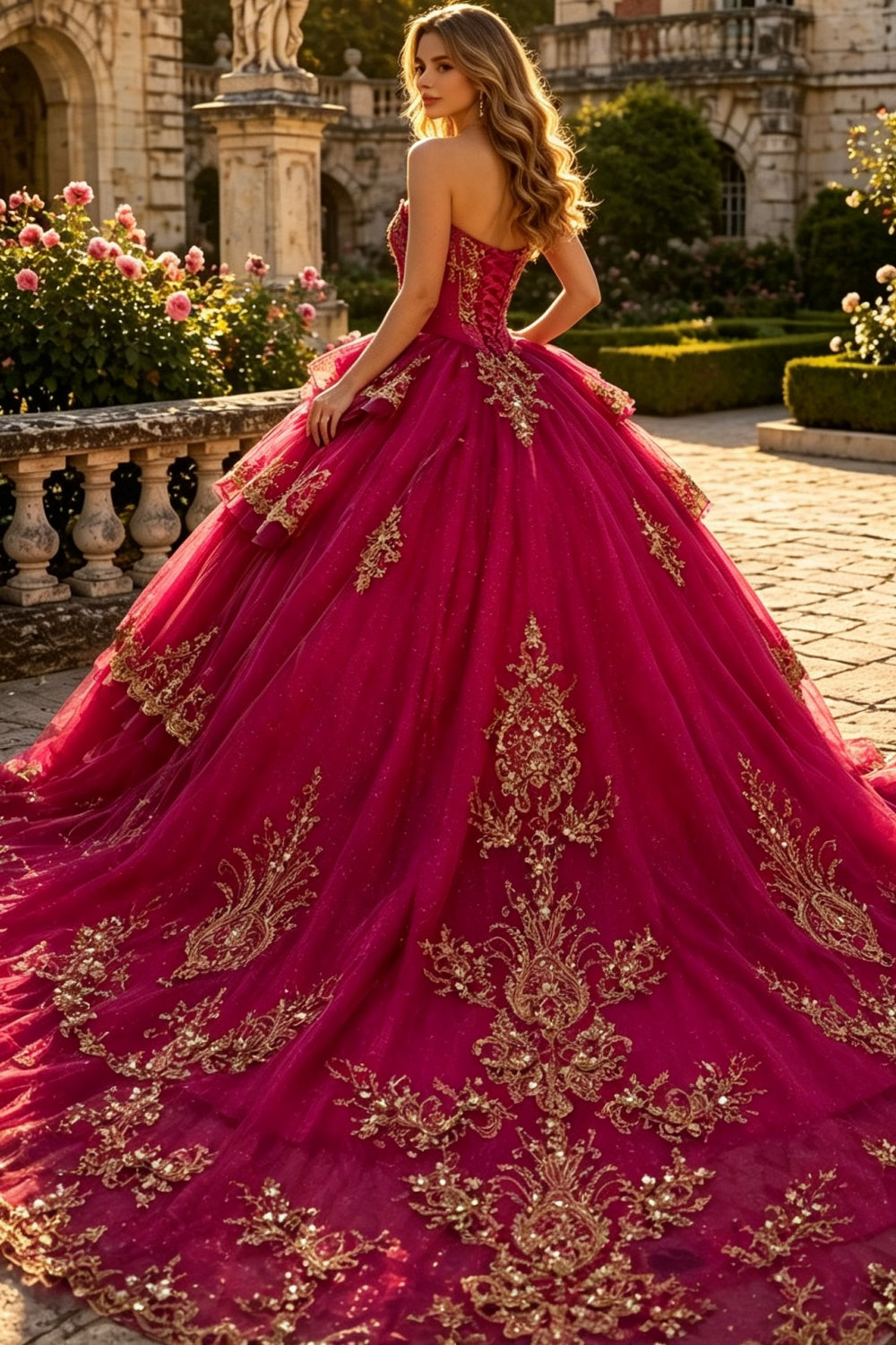 Ärmelloses Off-Shoulder-Ballkleid mit Applikationen, Rüschen, Stufenrock und Schleife, Schwarz Royalblau, Quinceañera-Kleid YQ1150