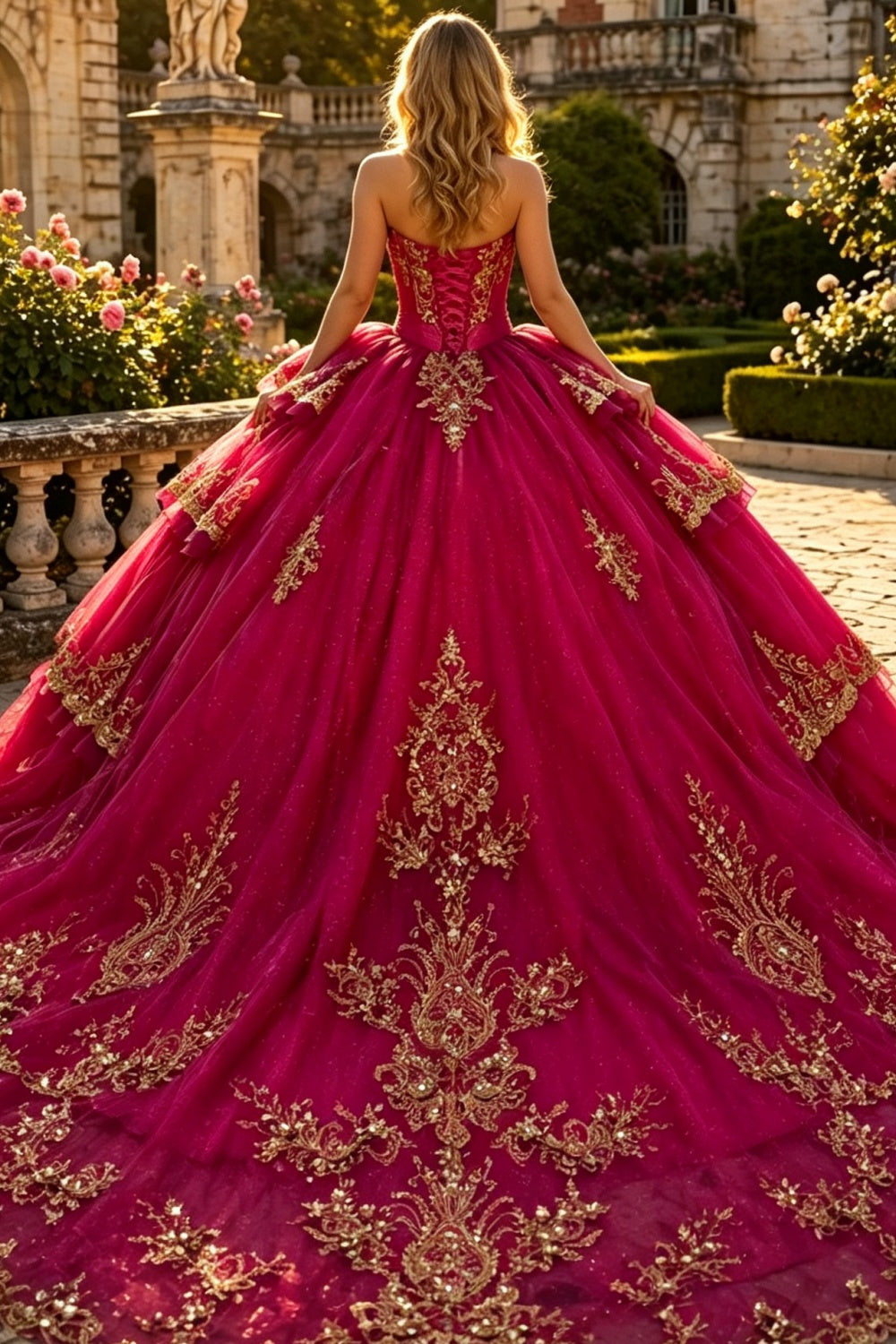 Ärmelloses Off-Shoulder-Ballkleid mit Applikationen, Rüschen, Stufenrock und Schleife, Schwarz Royalblau, Quinceañera-Kleid YQ1150