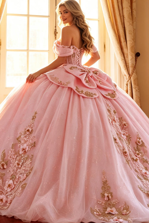 Ärmelloses Off-Shoulder-Ballkleid mit Applikationen, Rüschen, Stufenrock und Schleife, Schwarz Royalblau, Quinceañera-Kleid YQ1150