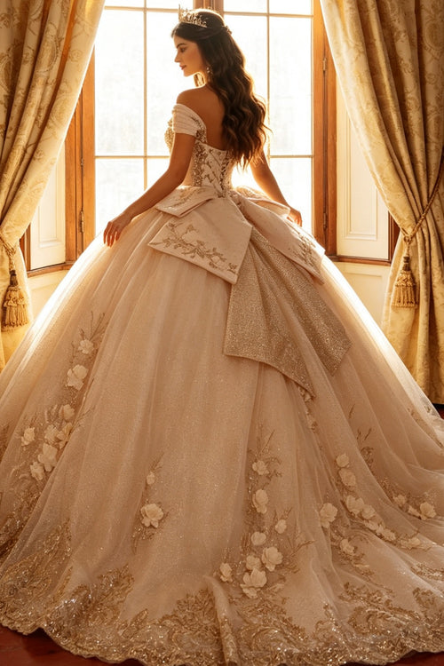 Ärmelloses Off-Shoulder-Ballkleid mit Applikationen, Rüschen, Stufenrock und Schleife, Schwarz Royalblau, Quinceañera-Kleid YQ1150