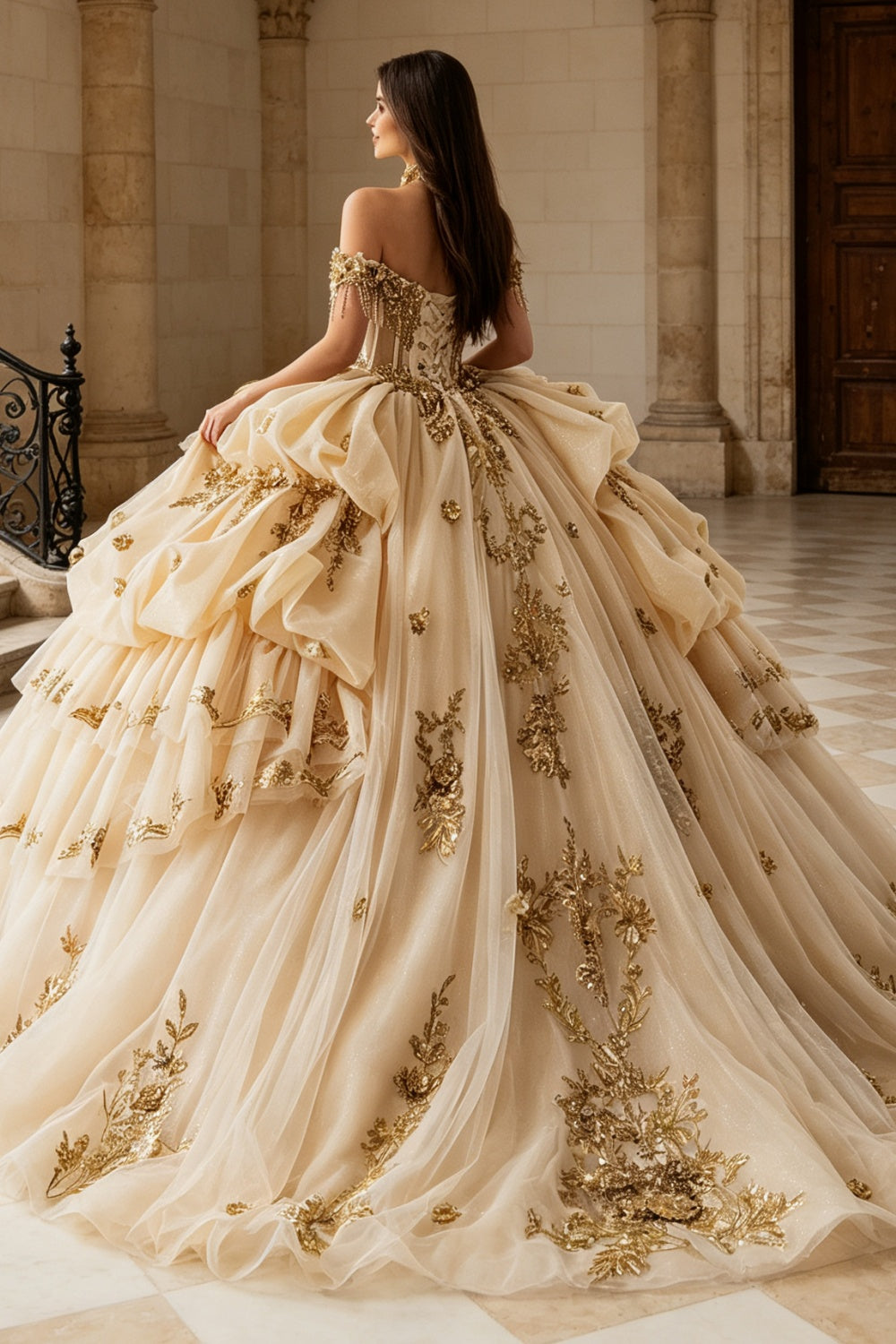 Off Shoulder Sleeveless Beaded Appliques Ruffles Champagne Quinceañera Dress YQ1206