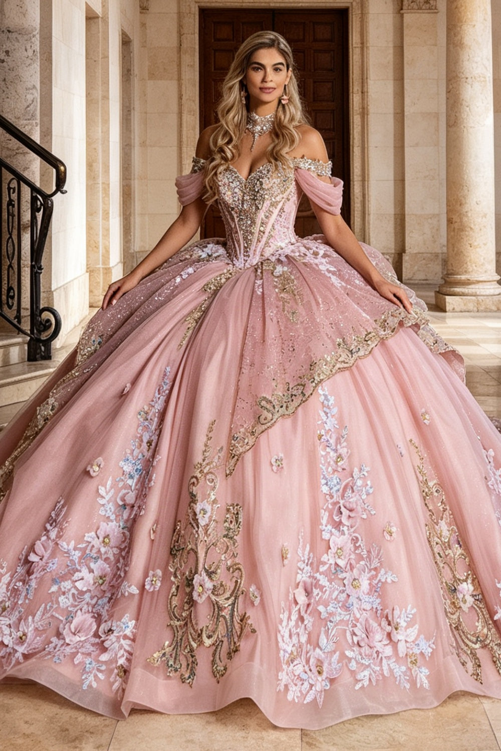 Off Shoulder Beaded Appliques Ruffles Detachable Sleeves Quinceañera Dress YQ1207