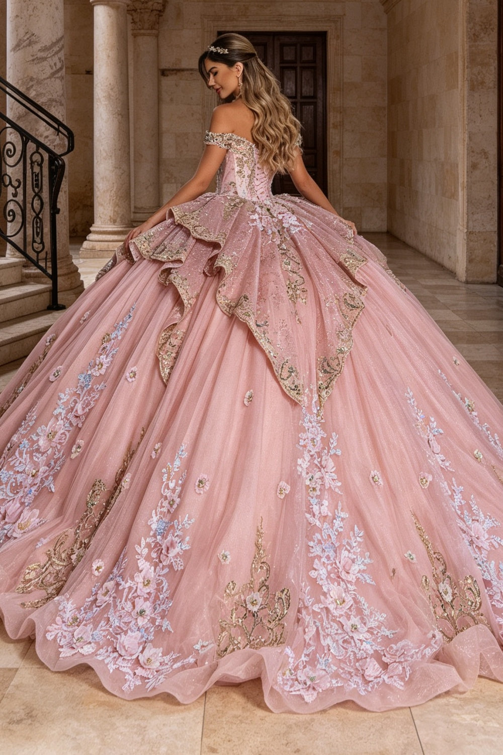 Off Shoulder Beaded Appliques Ruffles Detachable Sleeves Quinceañera Dress YQ1207