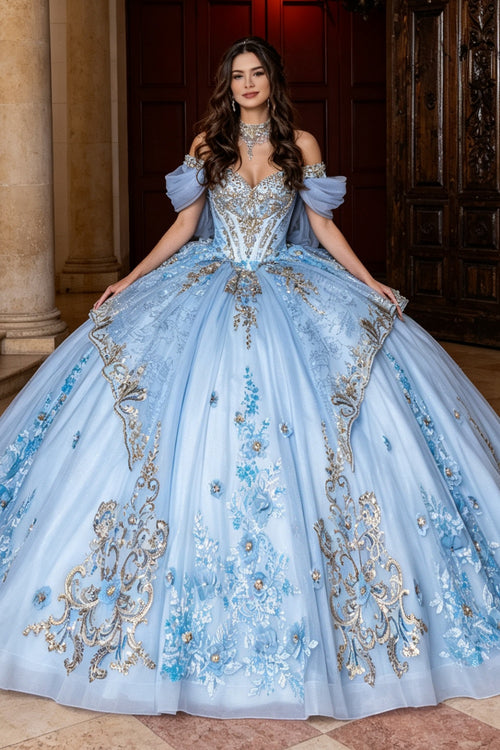 Off Shoulder Beaded Appliques Ruffles Detachable Sleeves Quinceañera Dress YQ1207