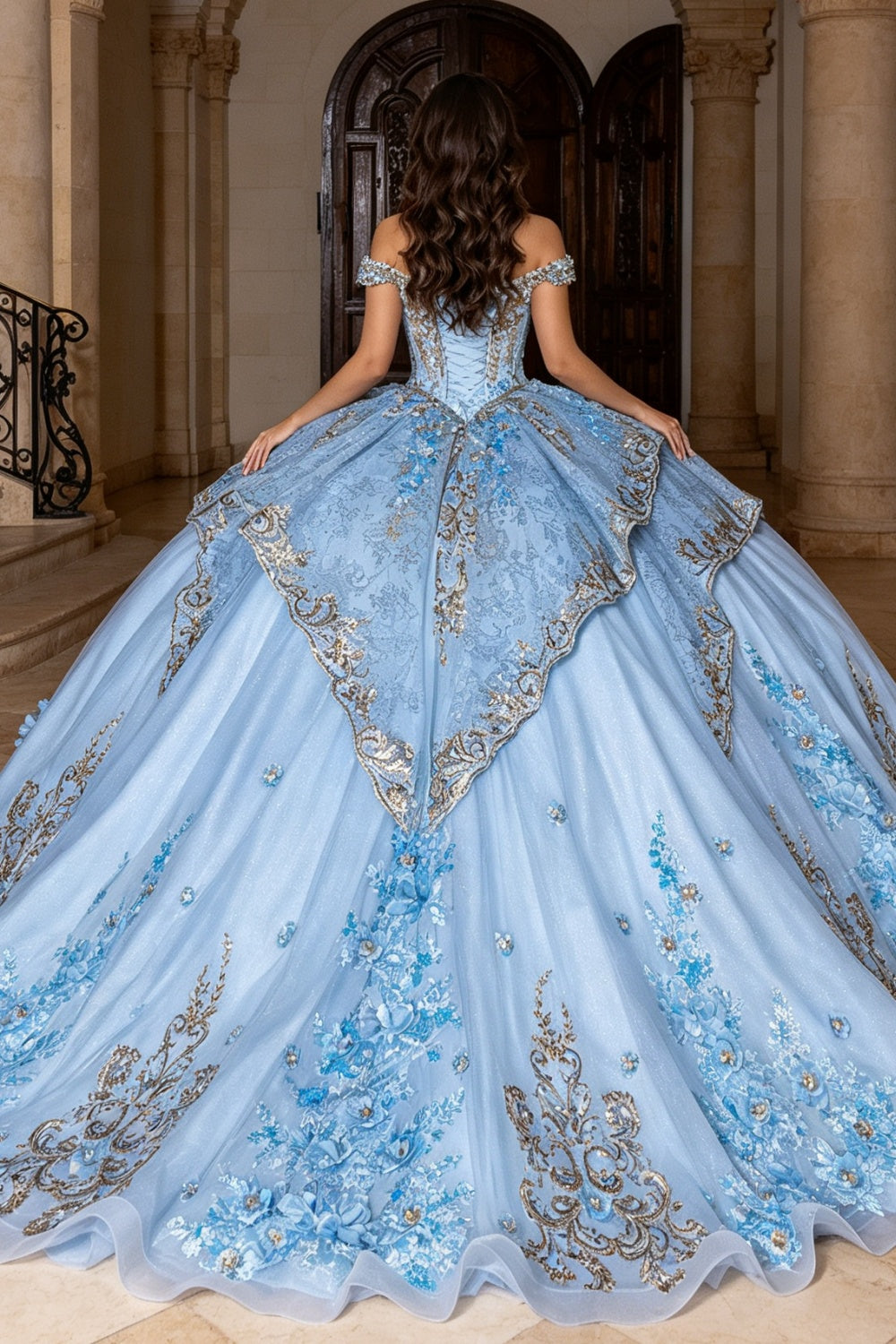 Off Shoulder Beaded Appliques Ruffles Detachable Sleeves Quinceañera Dress YQ1207
