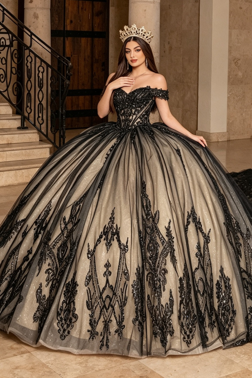 Off Shoulder Sleeveless Lace Appliques Bow Knot Quinceañera Dress YQ1208