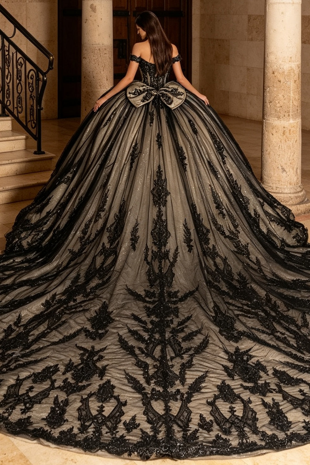 Off Shoulder Sleeveless Lace Appliques Bow Knot Quinceañera Dress YQ1208