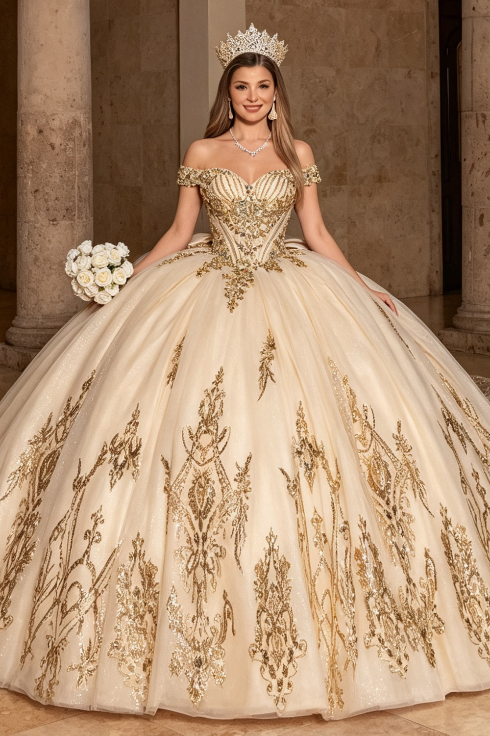 Off Shoulder Sleeveless Lace Appliques Bow Knot Quinceañera Dress YQ1208