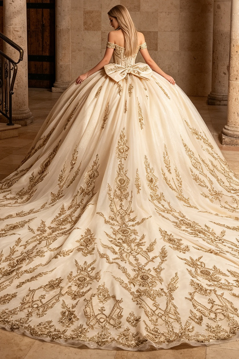 Off Shoulder Sleeveless Lace Appliques Bow Knot Quinceañera Dress YQ1208