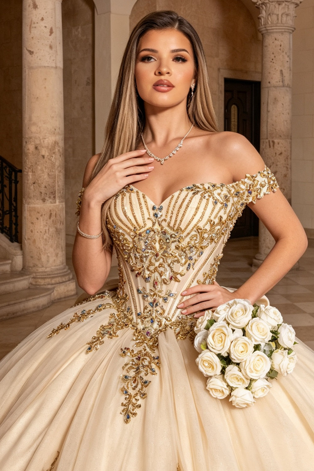 Off Shoulder Sleeveless Lace Appliques Bow Knot Quinceañera Dress YQ1208