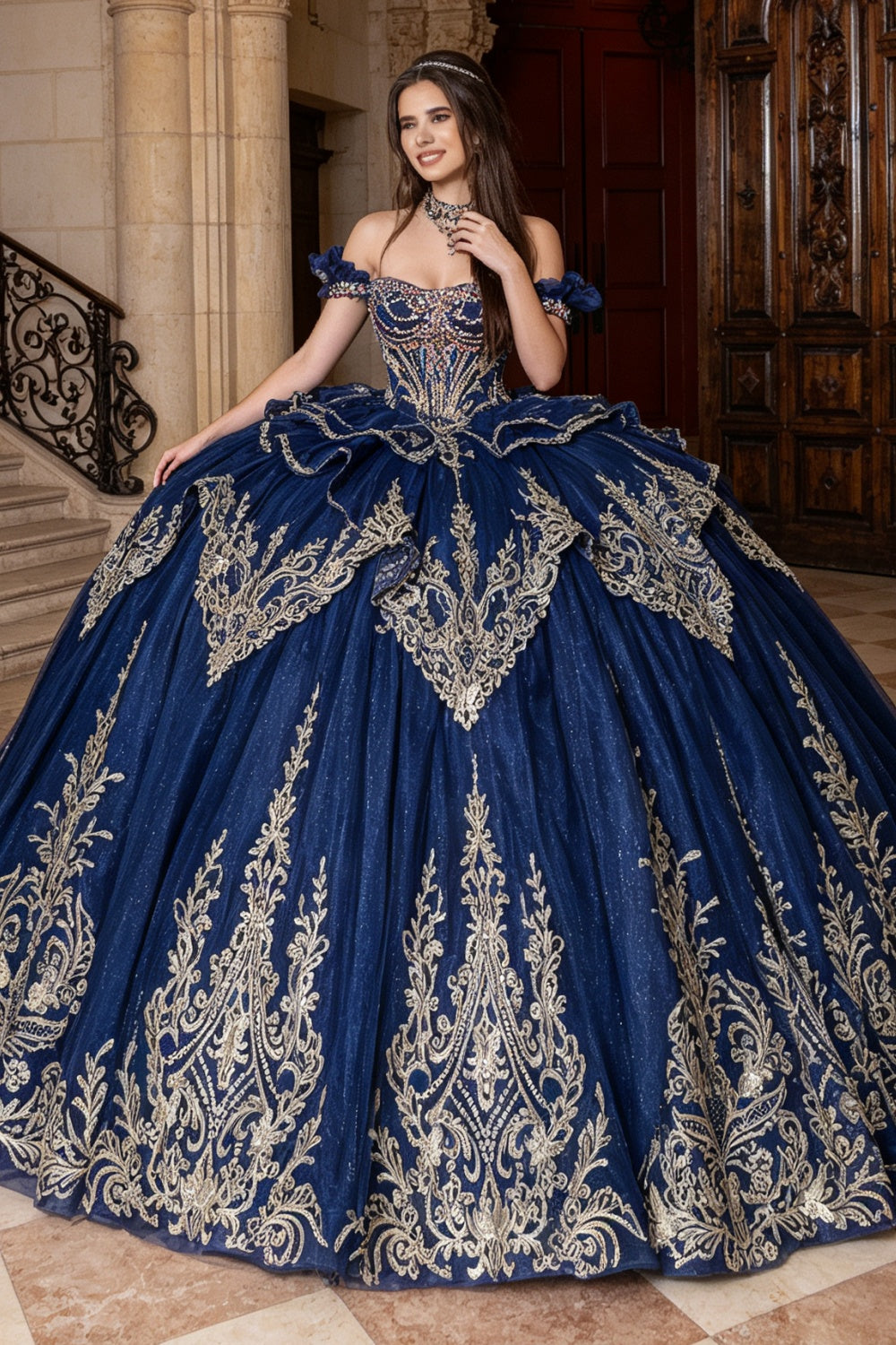 Off Shoulder Sleeveless Beaded Appliques Bow Knot Quinceañera Dress YQ1209