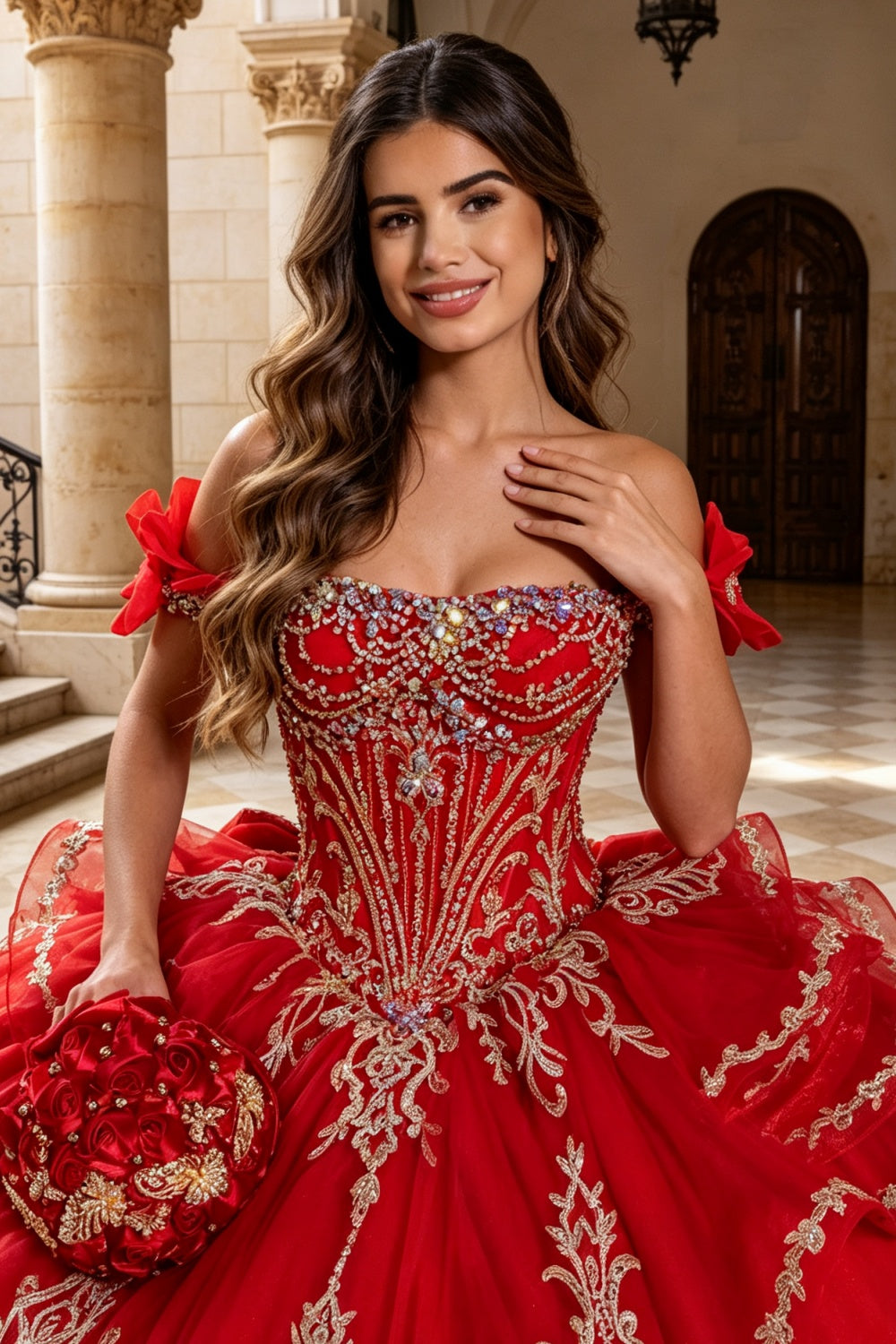Off Shoulder Sleeveless Beaded Appliques Bow Knot Quinceañera Dress YQ1209